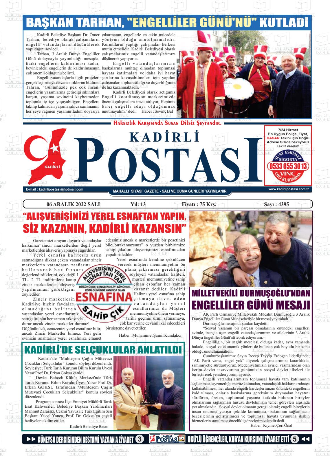 06 Aralık 2022 Kadirli Postası Gazete Manşeti