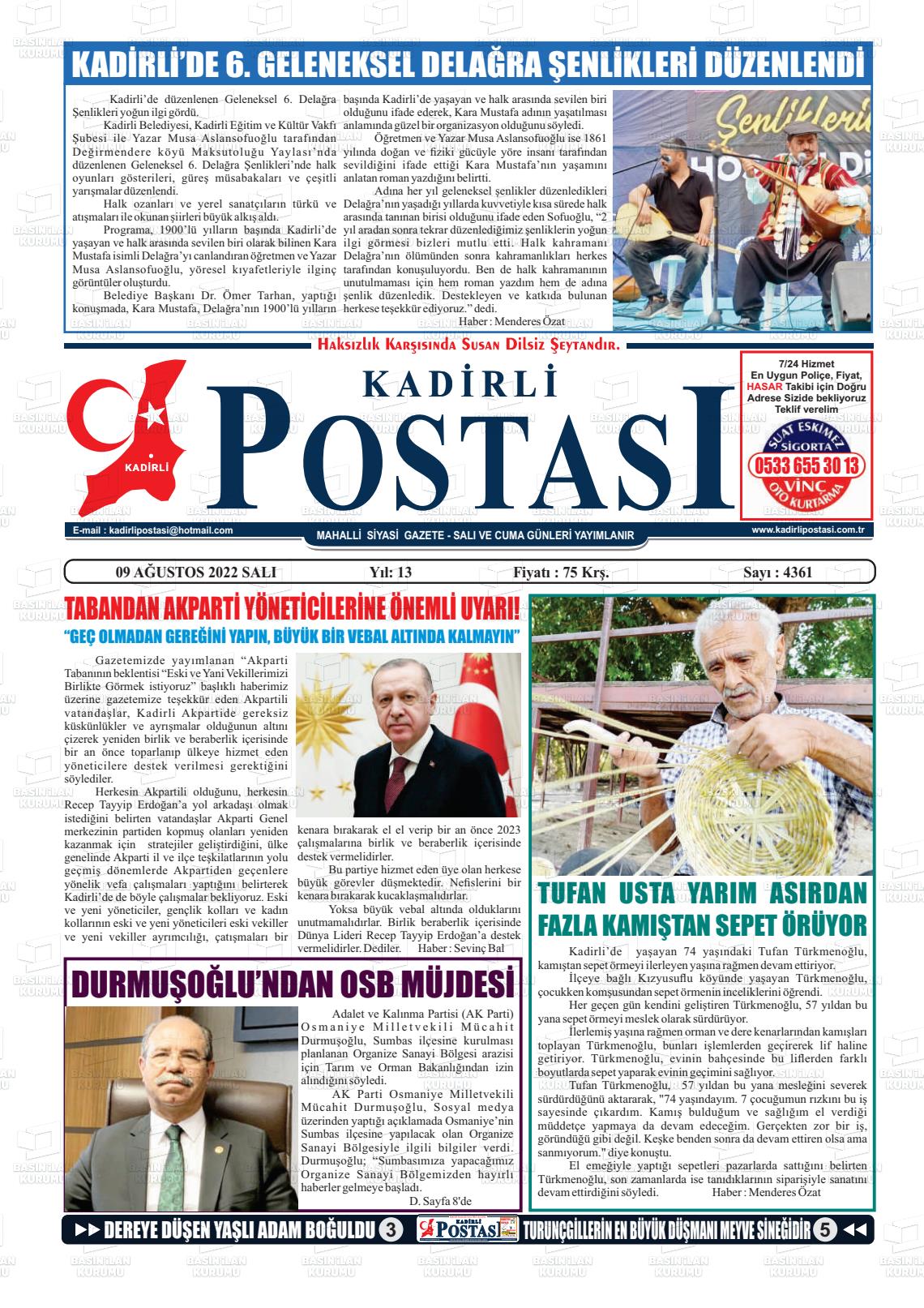 09 Ağustos 2022 Kadirli Postası Gazete Manşeti