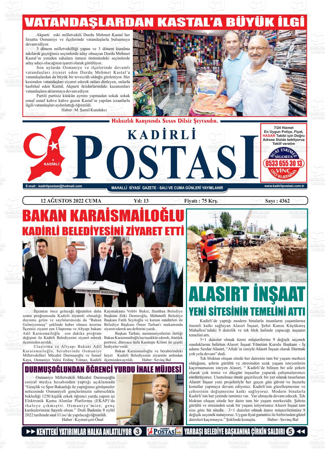 12 Ağustos 2022 Kadirli Postası Gazete Manşeti