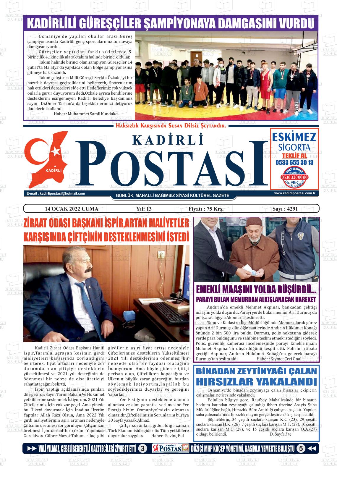 14 Ocak 2022 Kadirli Postası Gazete Manşeti