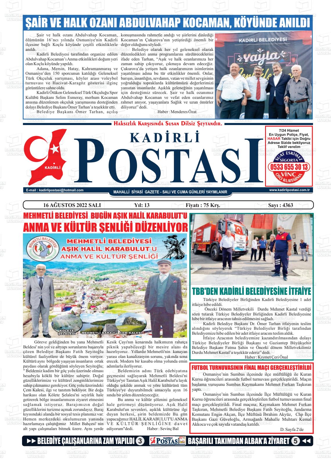 16 Ağustos 2022 Kadirli Postası Gazete Manşeti