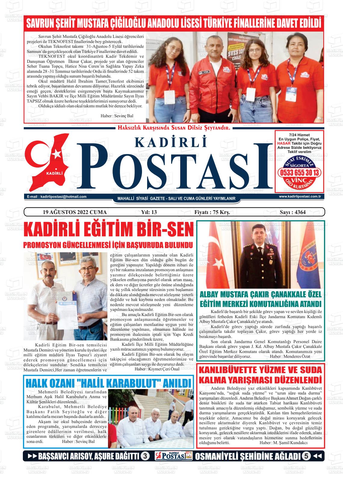 19 Ağustos 2022 Kadirli Postası Gazete Manşeti