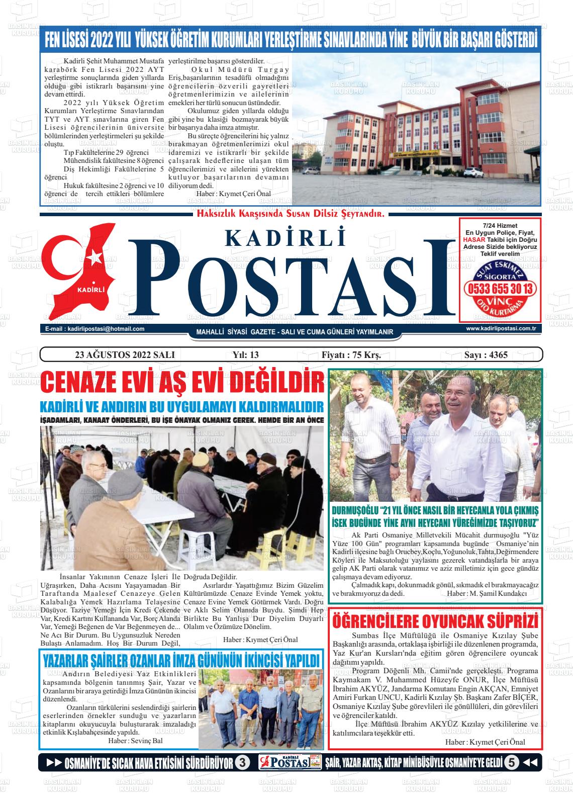 23 Ağustos 2022 Kadirli Postası Gazete Manşeti