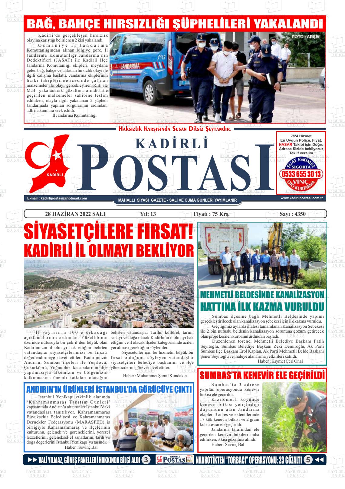 28 Haziran 2022 Kadirli Postası Gazete Manşeti