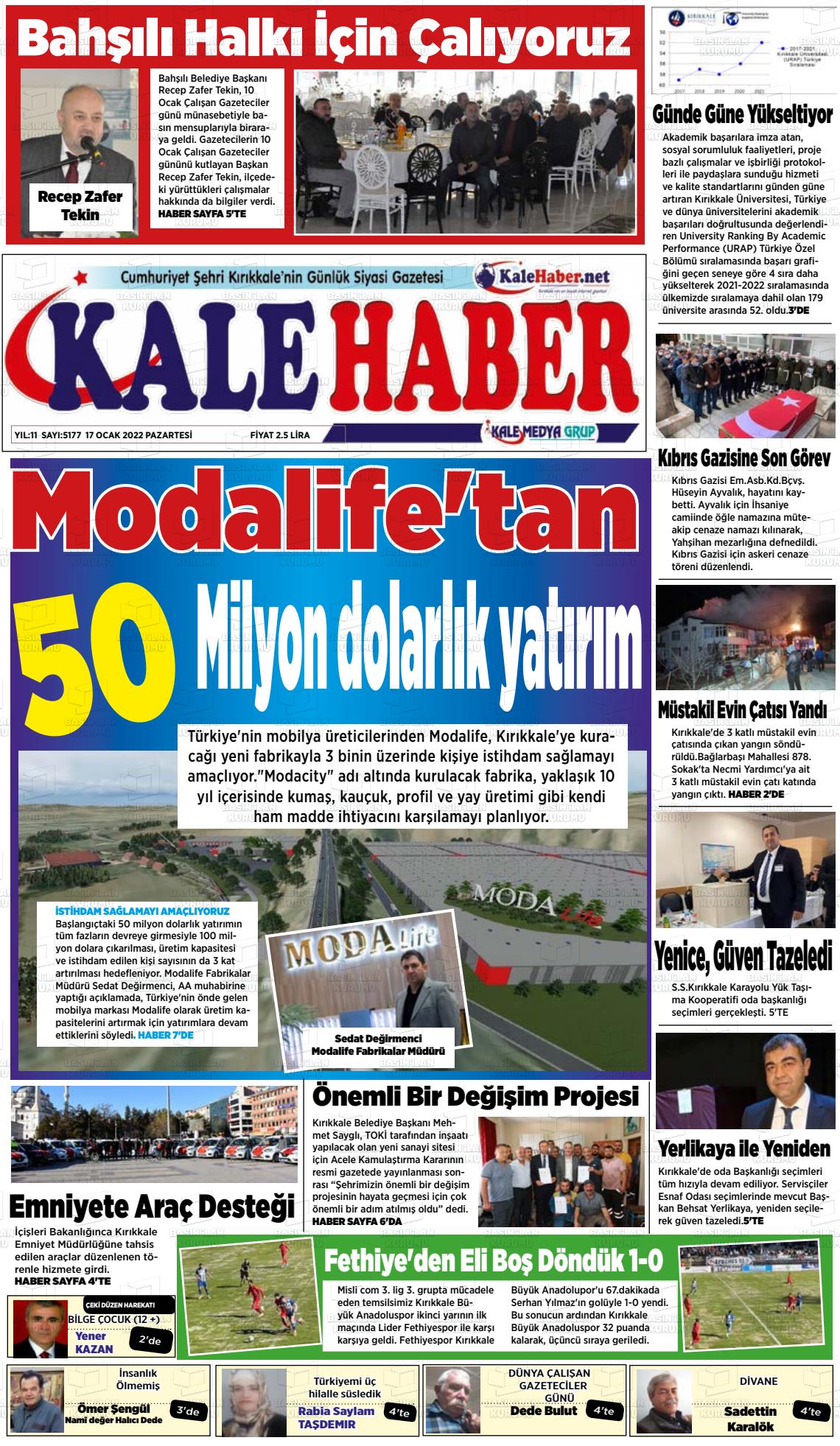 17 Ocak 2022 Kale Haber Gazete Manşeti