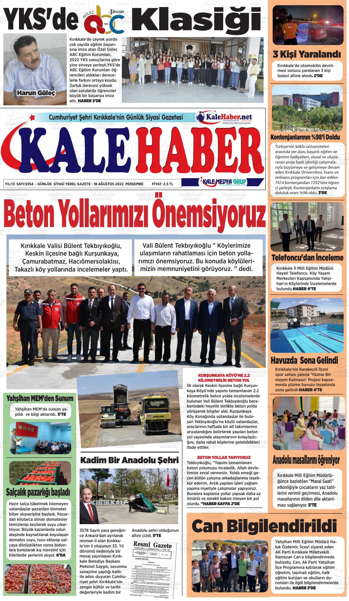 18 Ağustos 2022 Kale Haber Gazete Manşeti