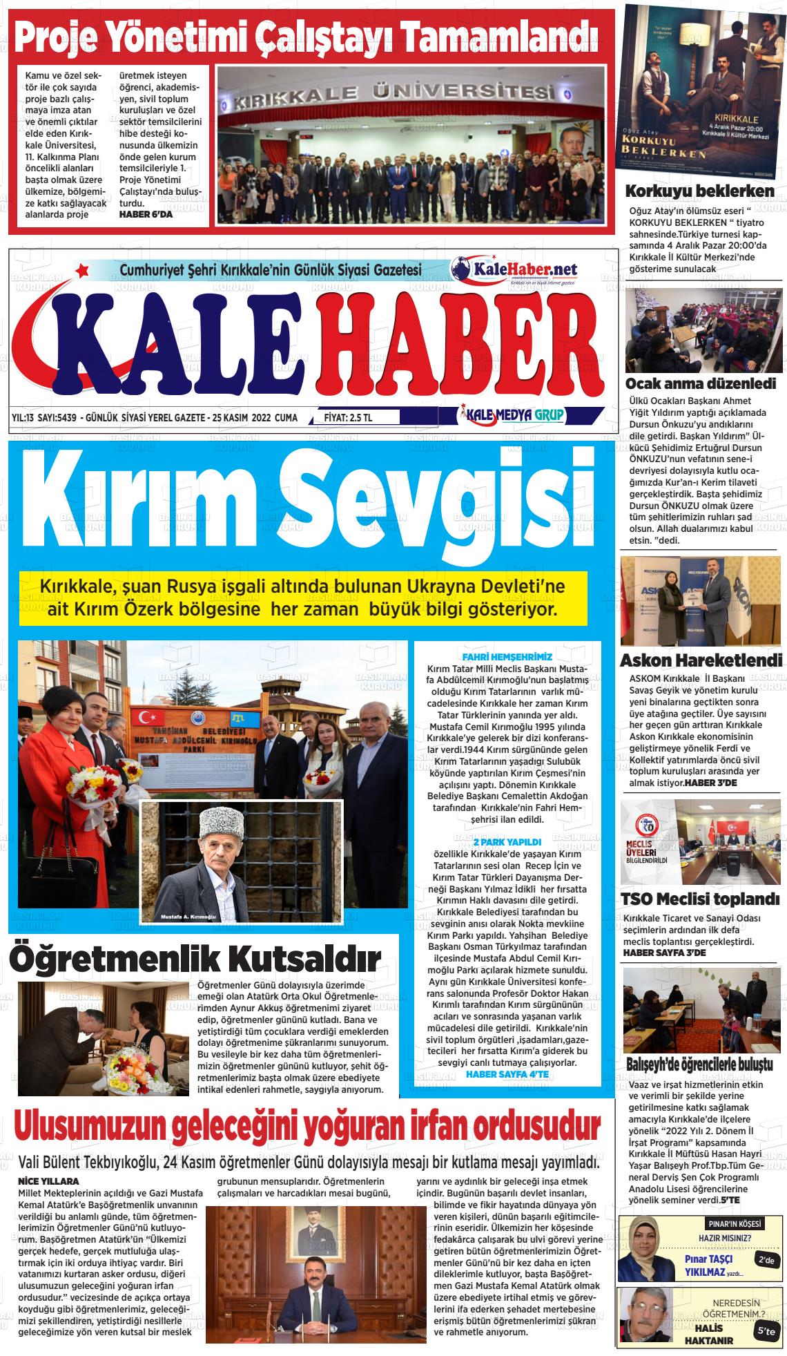 25 Kasım 2022 Kale Haber Gazete Manşeti