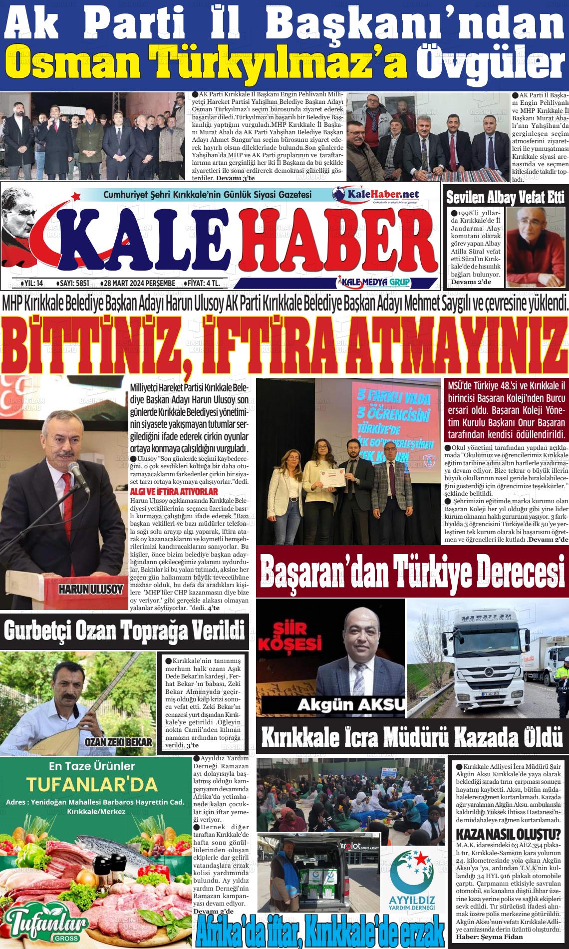 28 Mart 2024 Kale Haber Gazete Manşeti