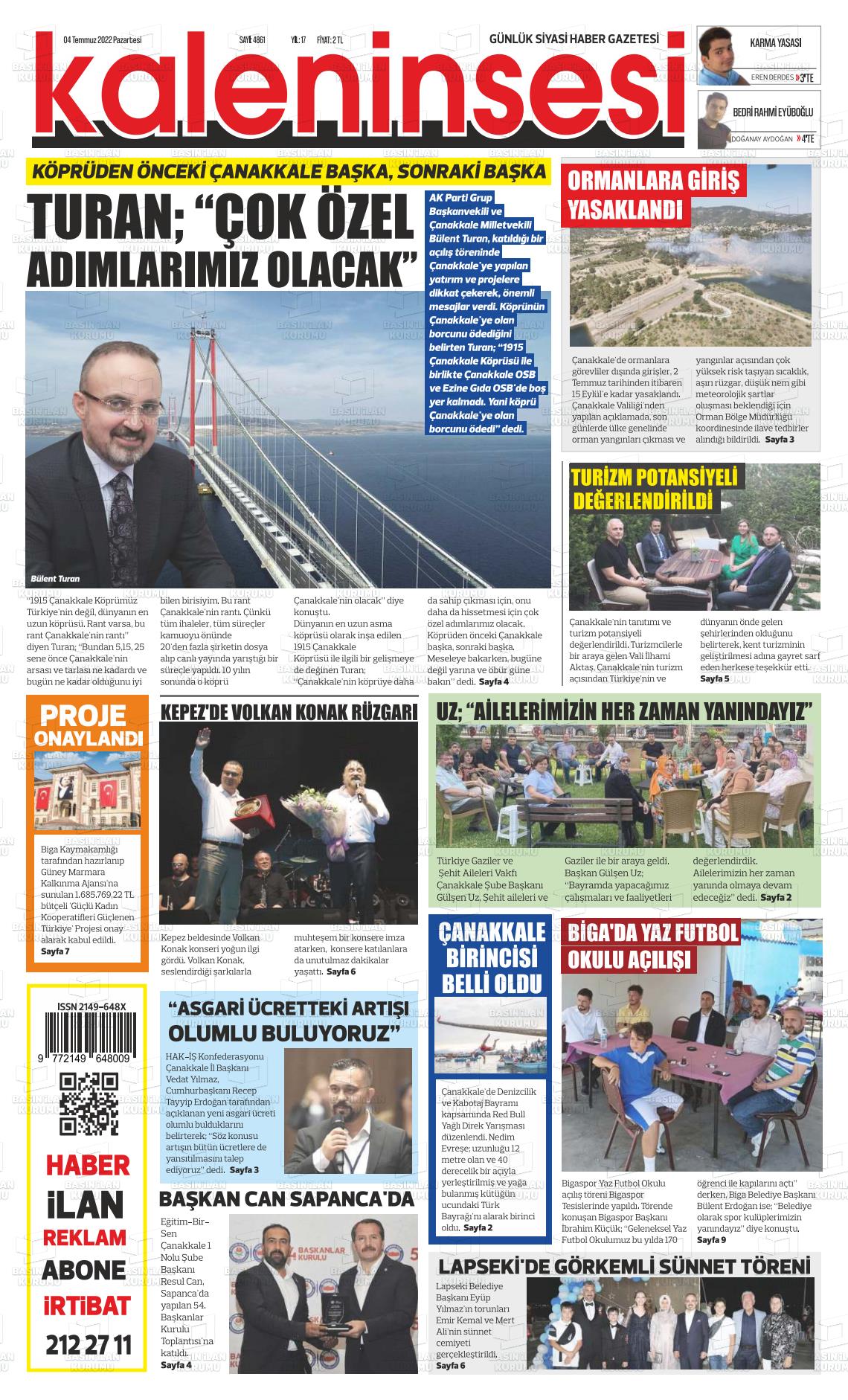 04 Temmuz 2022 Kale'nin Sesi Gazete Manşeti