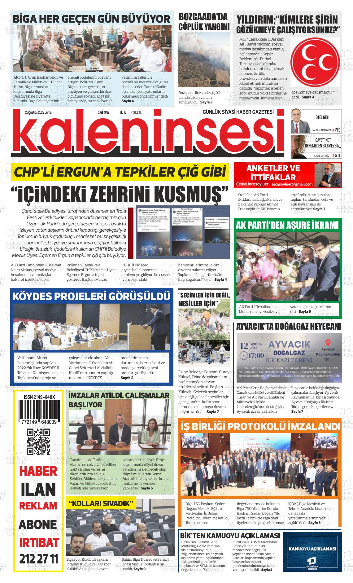 12 Ağustos 2022 Kale'nin Sesi Gazete Manşeti