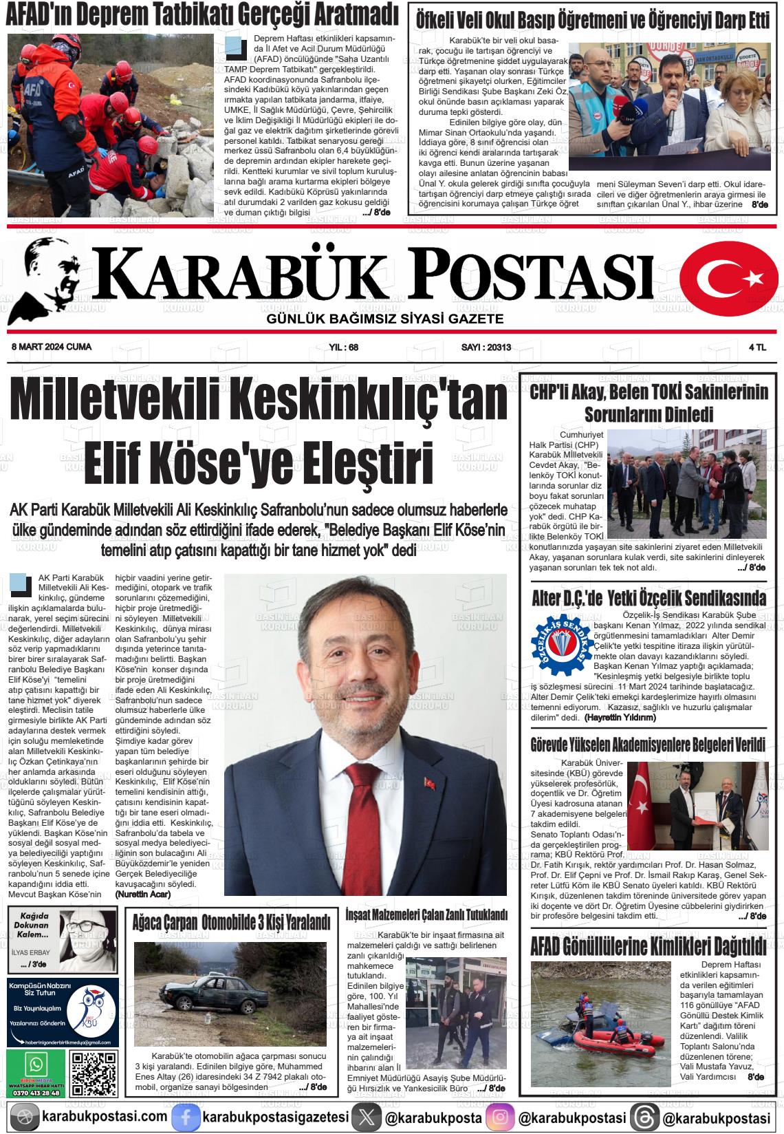 08 Mart 2024 Karabük Postası Gazete Manşeti