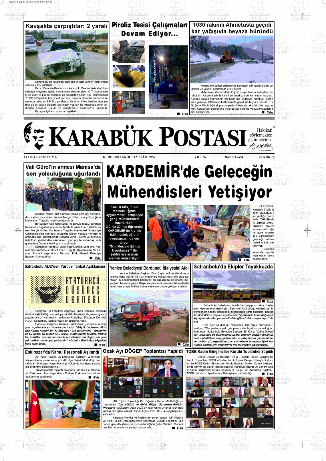 14 Ocak 2022 Karabük Postası Gazete Manşeti