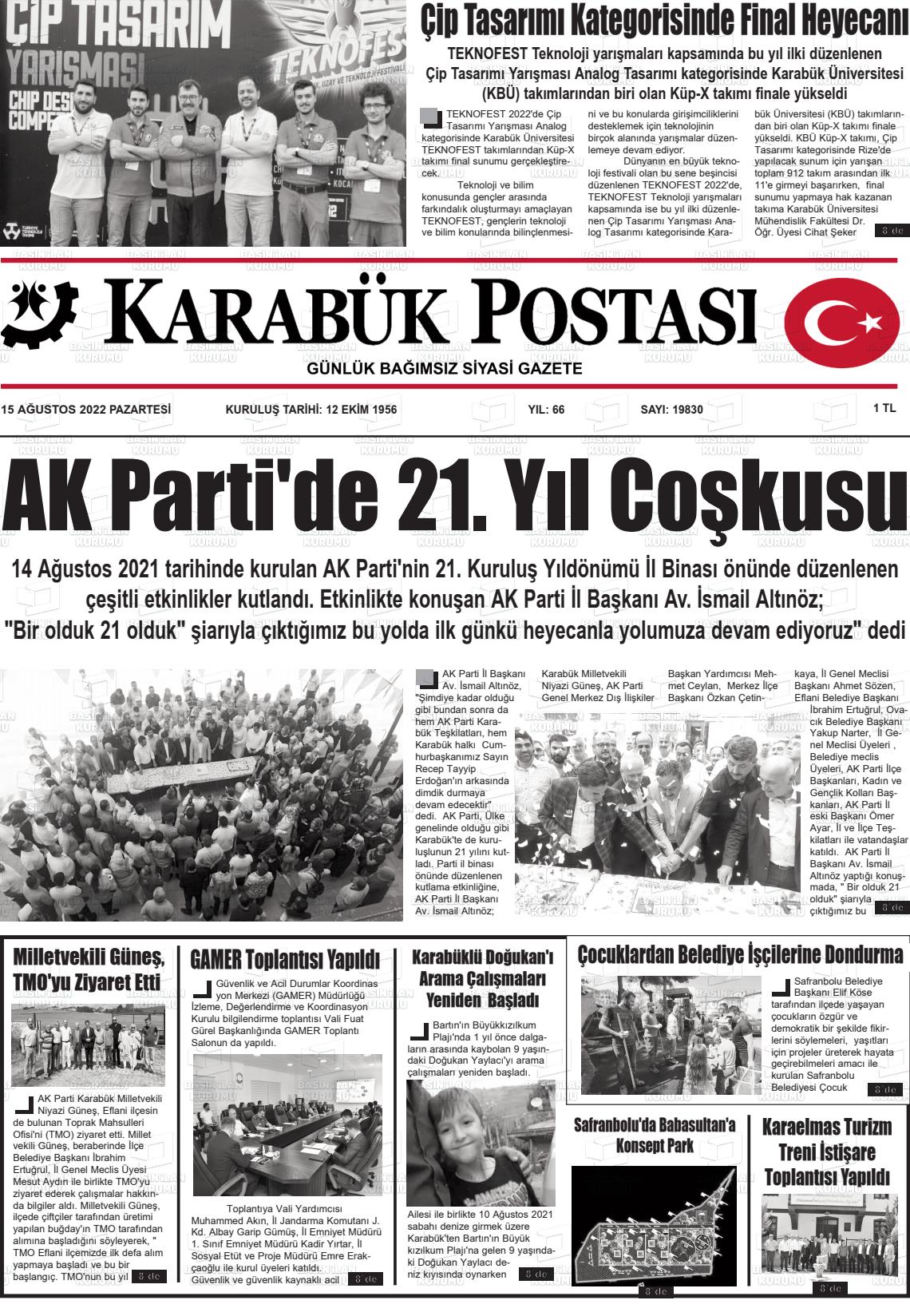 15 Ağustos 2022 Karabük Postası Gazete Manşeti