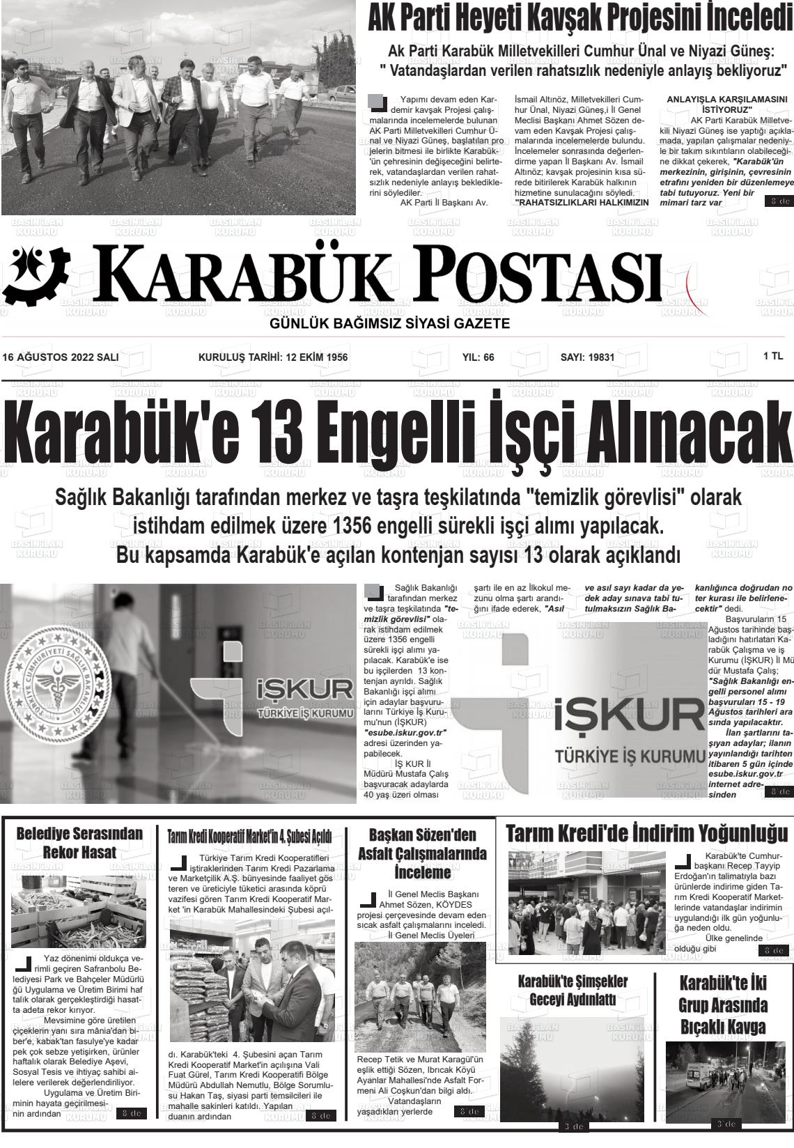 16 Ağustos 2022 Karabük Postası Gazete Manşeti