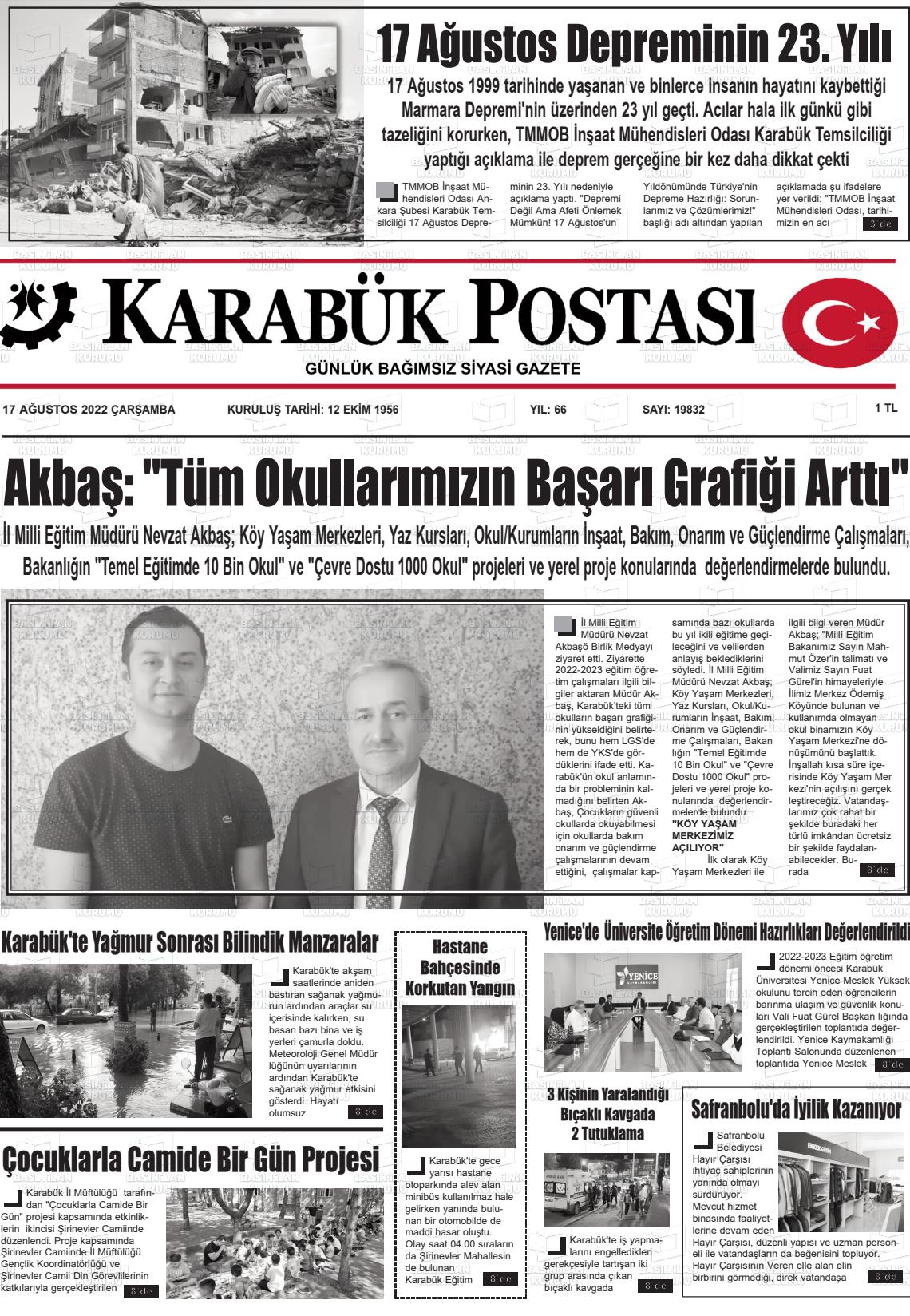 17 Ağustos 2022 Karabük Postası Gazete Manşeti