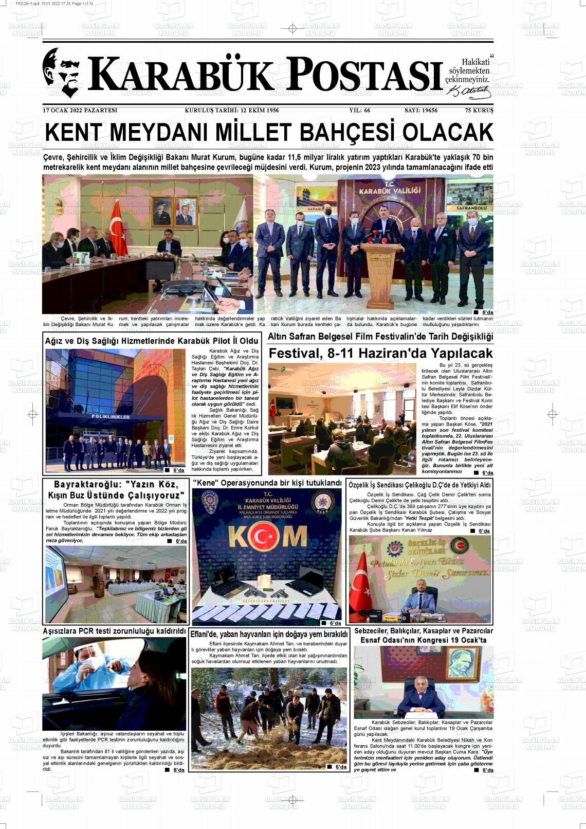 17 Ocak 2022 Karabük Postası Gazete Manşeti