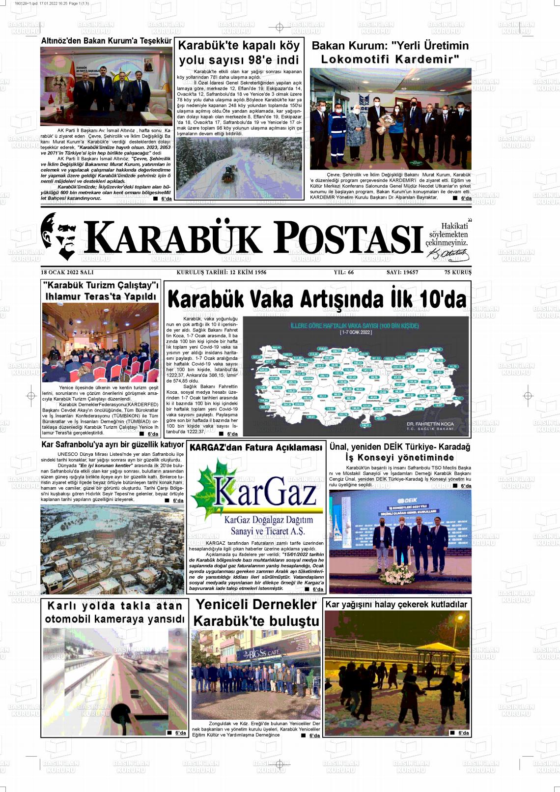 18 Ocak 2022 Karabük Postası Gazete Manşeti