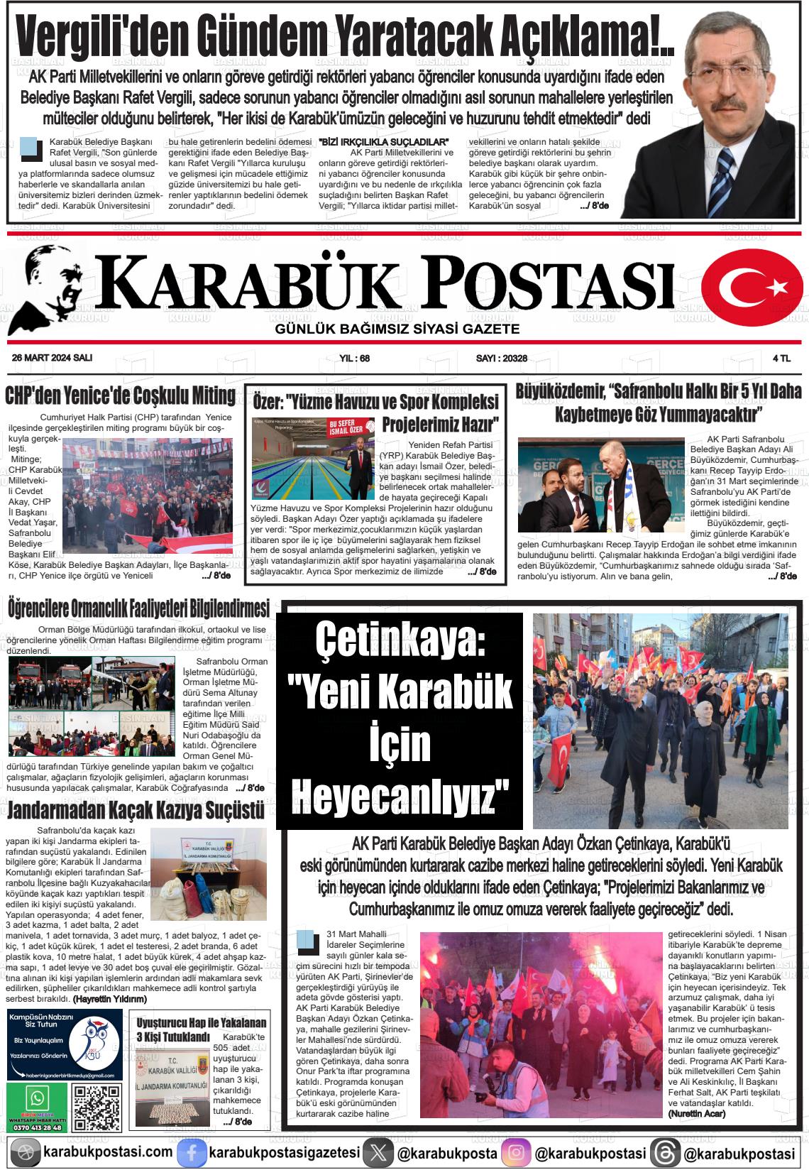26 Mart 2024 Karabük Postası Gazete Manşeti