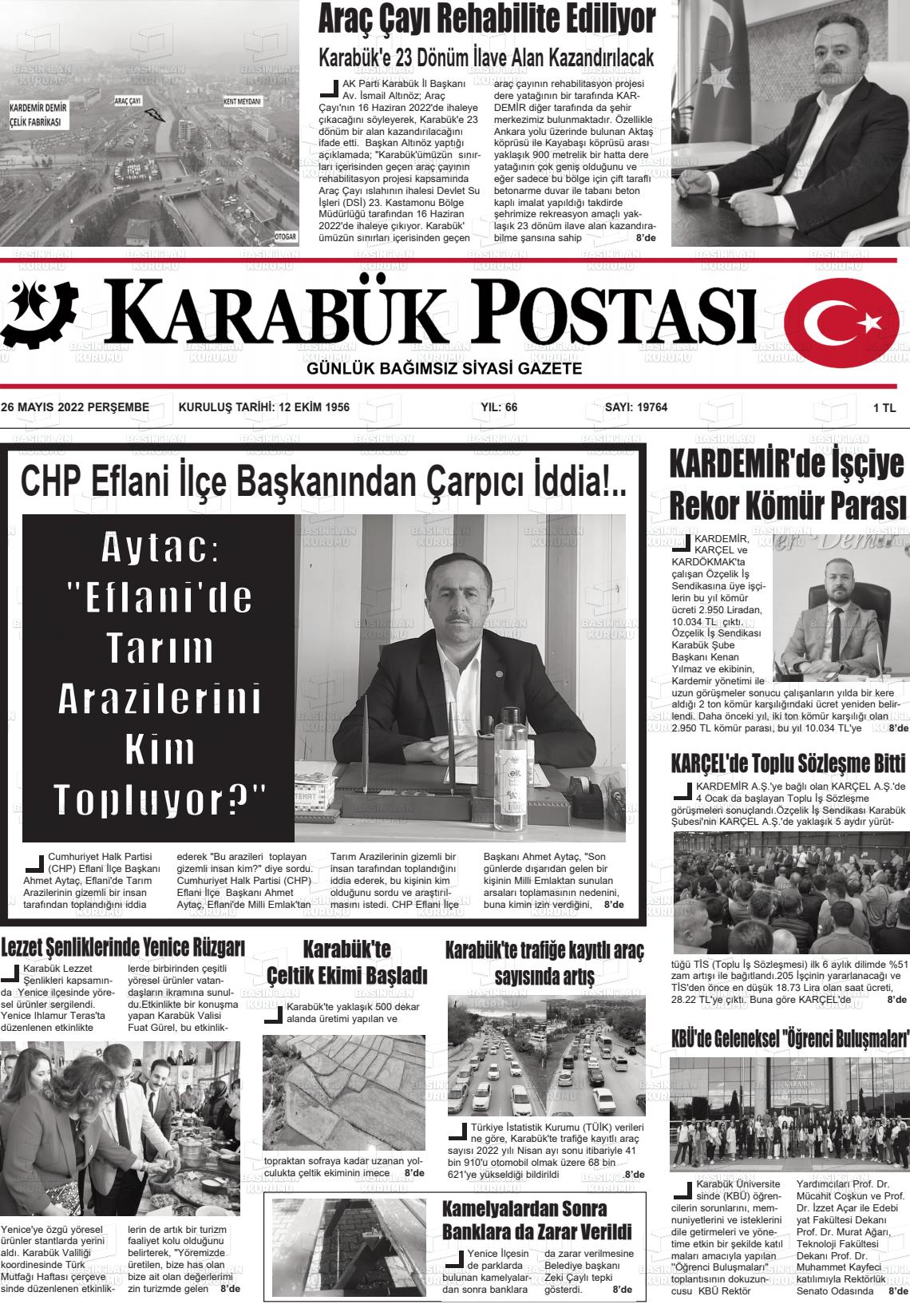 26 Mayıs 2022 Karabük Postası Gazete Manşeti