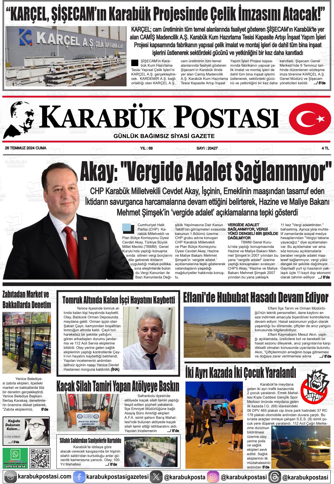 26 Temmuz 2024 Karabük Postası Gazete Manşeti