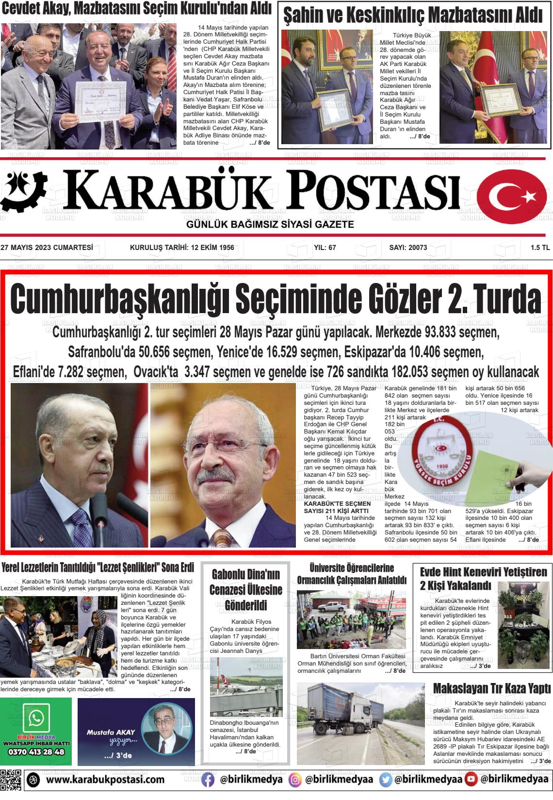 27 Mayıs 2023 Karabük Postası Gazete Manşeti