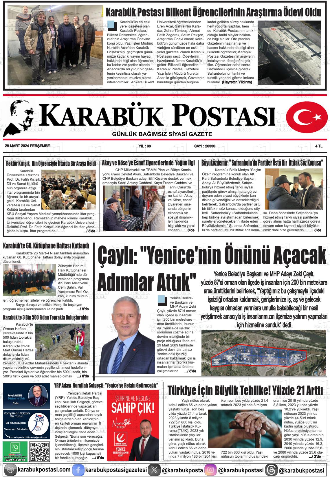 28 Mart 2024 Karabük Postası Gazete Manşeti