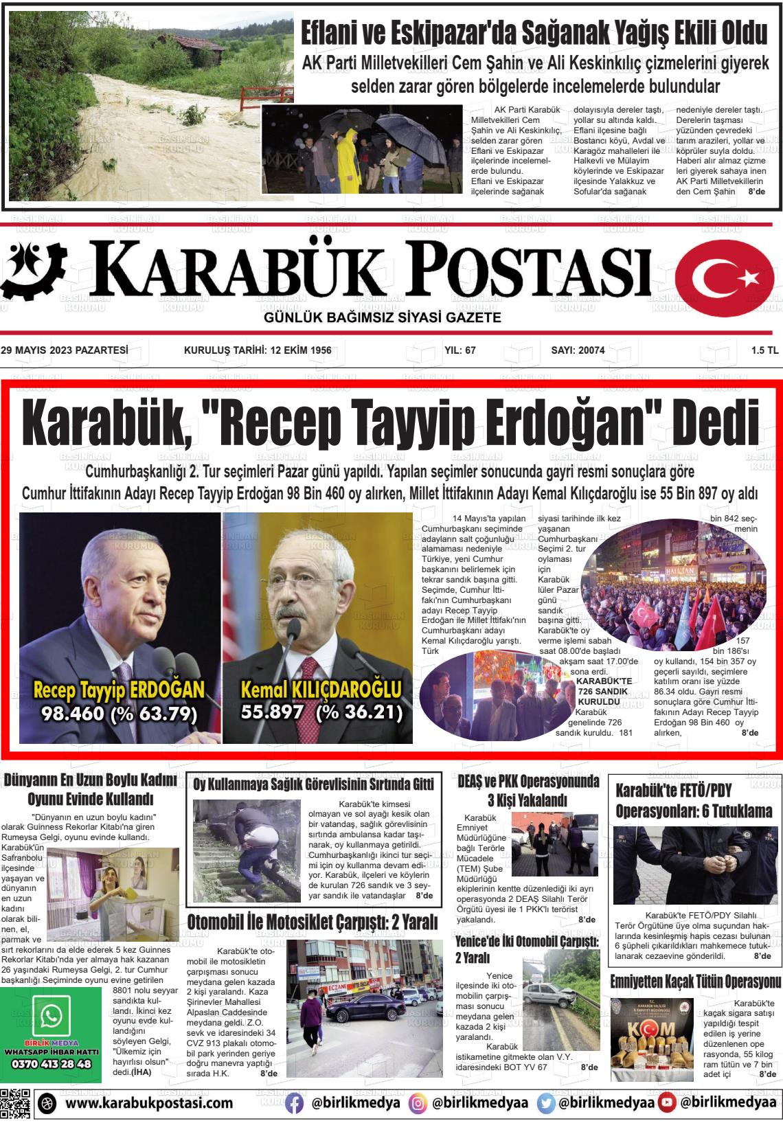 29 Mayıs 2023 Karabük Postası Gazete Manşeti