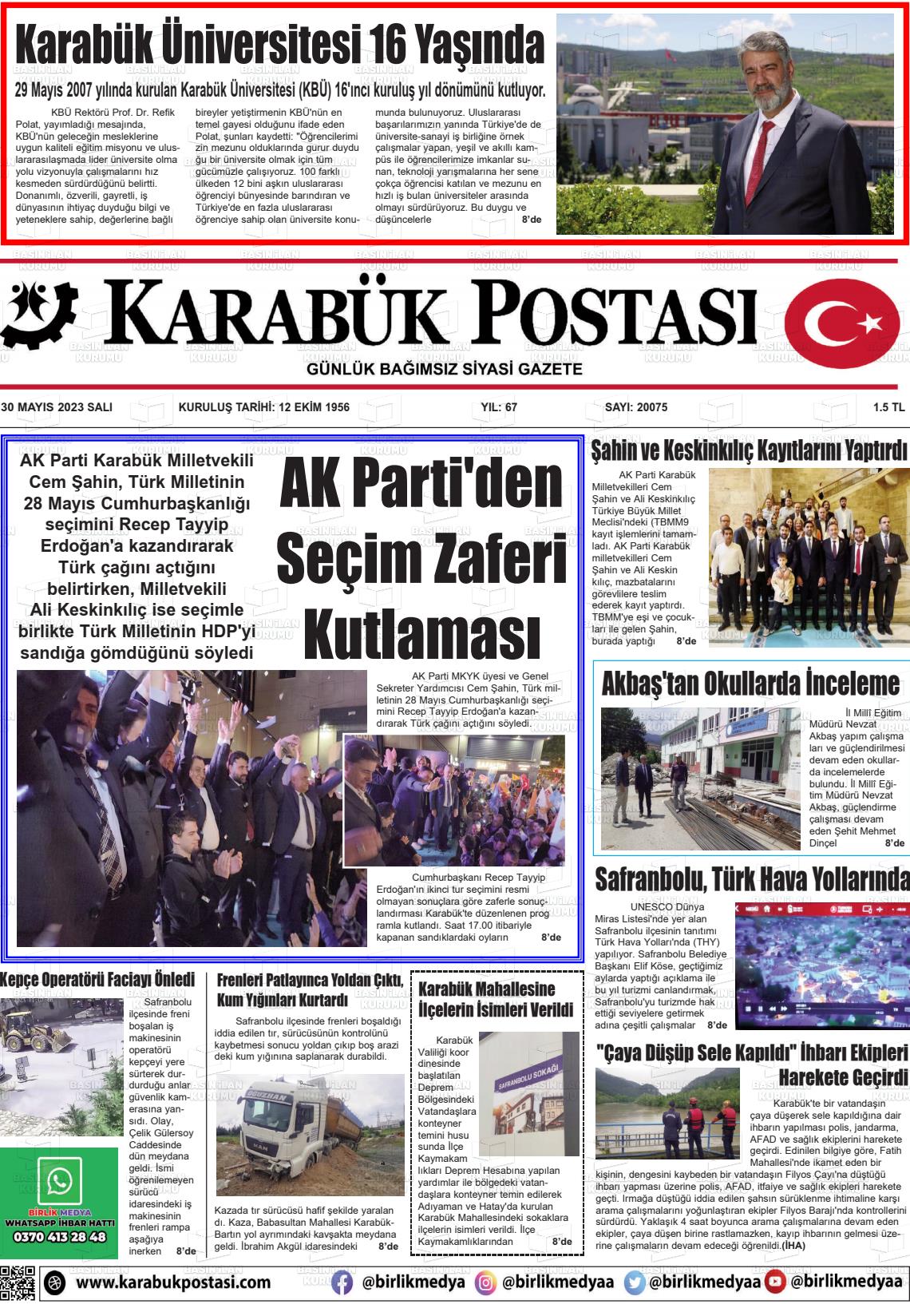 30 Mayıs 2023 Karabük Postası Gazete Manşeti