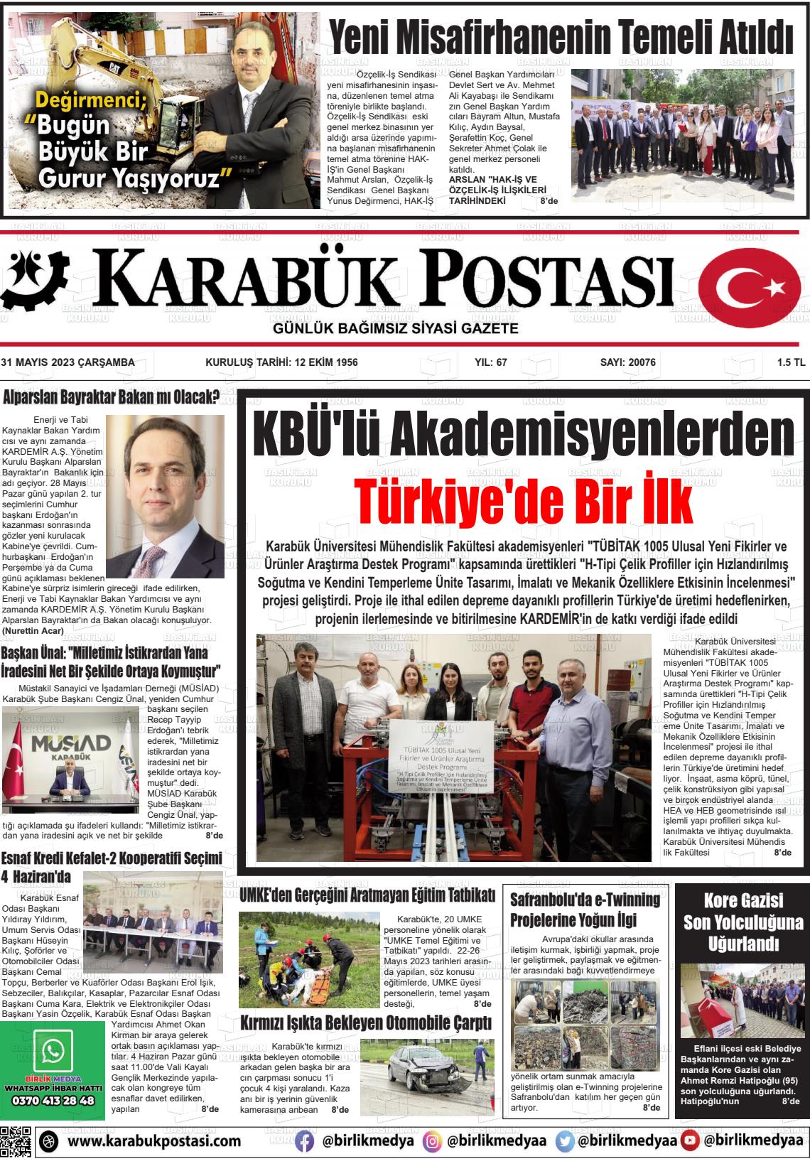 31 Mayıs 2023 Karabük Postası Gazete Manşeti