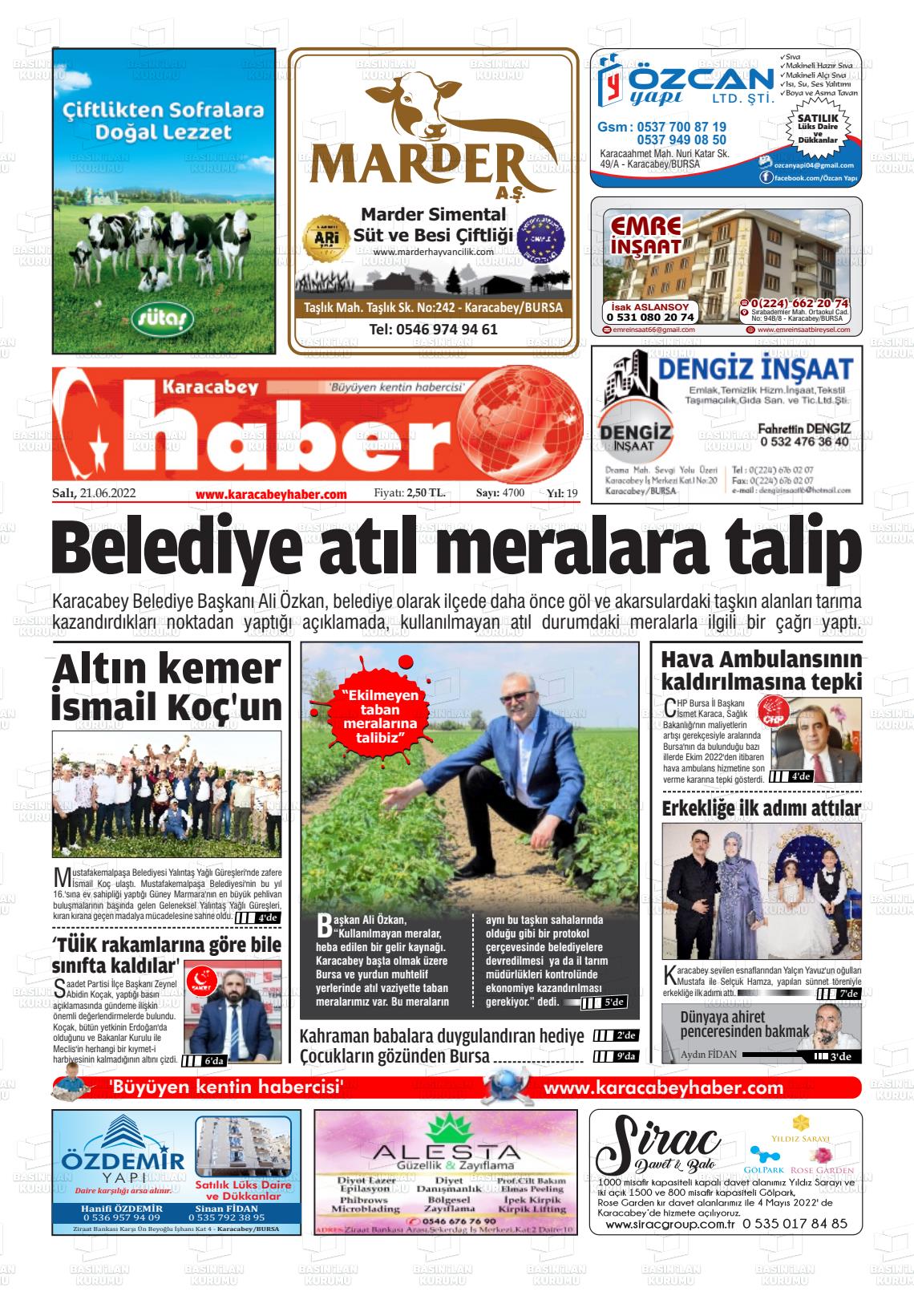21 Haziran 2022 Karacabey Haber Gazete Manşeti