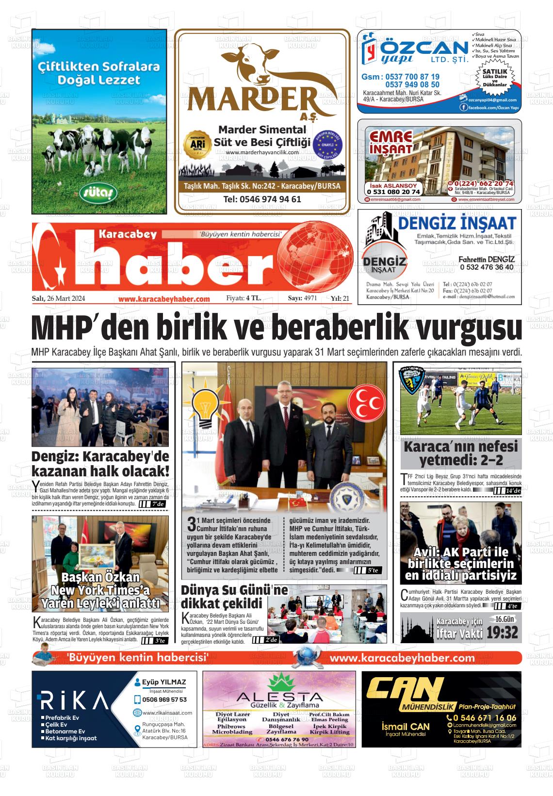26 Mart 2024 Karacabey Haber Gazete Manşeti