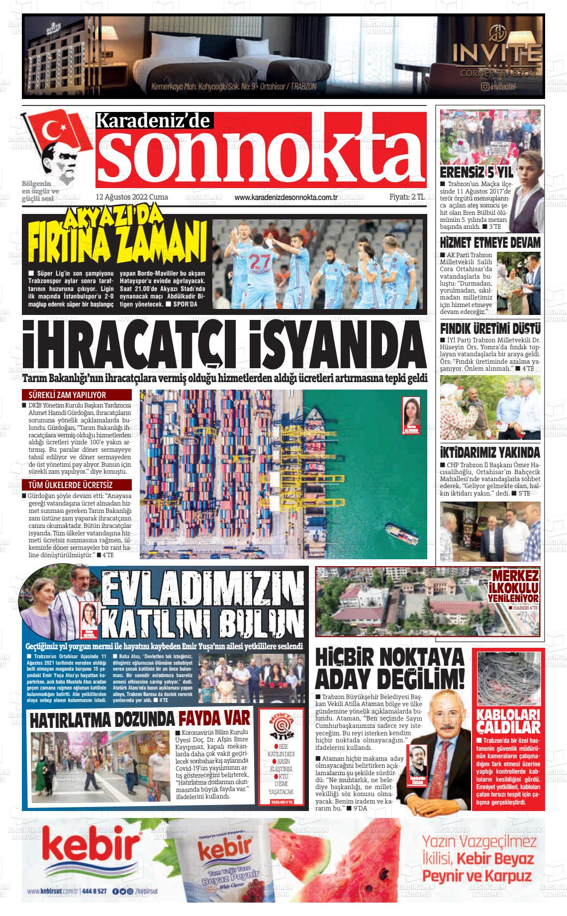 12 Ağustos 2022 Karadeniz'de Sonnokta Gazete Manşeti