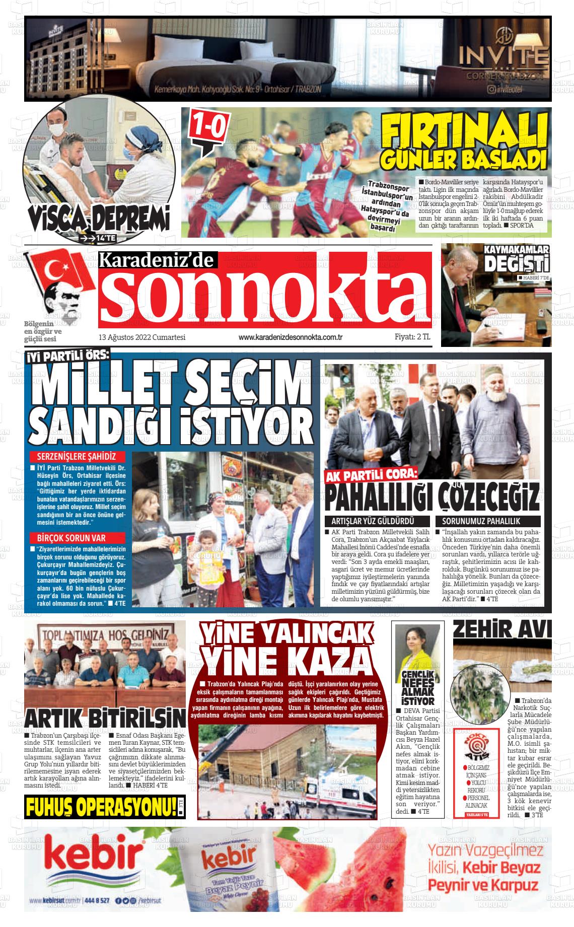 13 Ağustos 2022 Karadeniz'de Sonnokta Gazete Manşeti