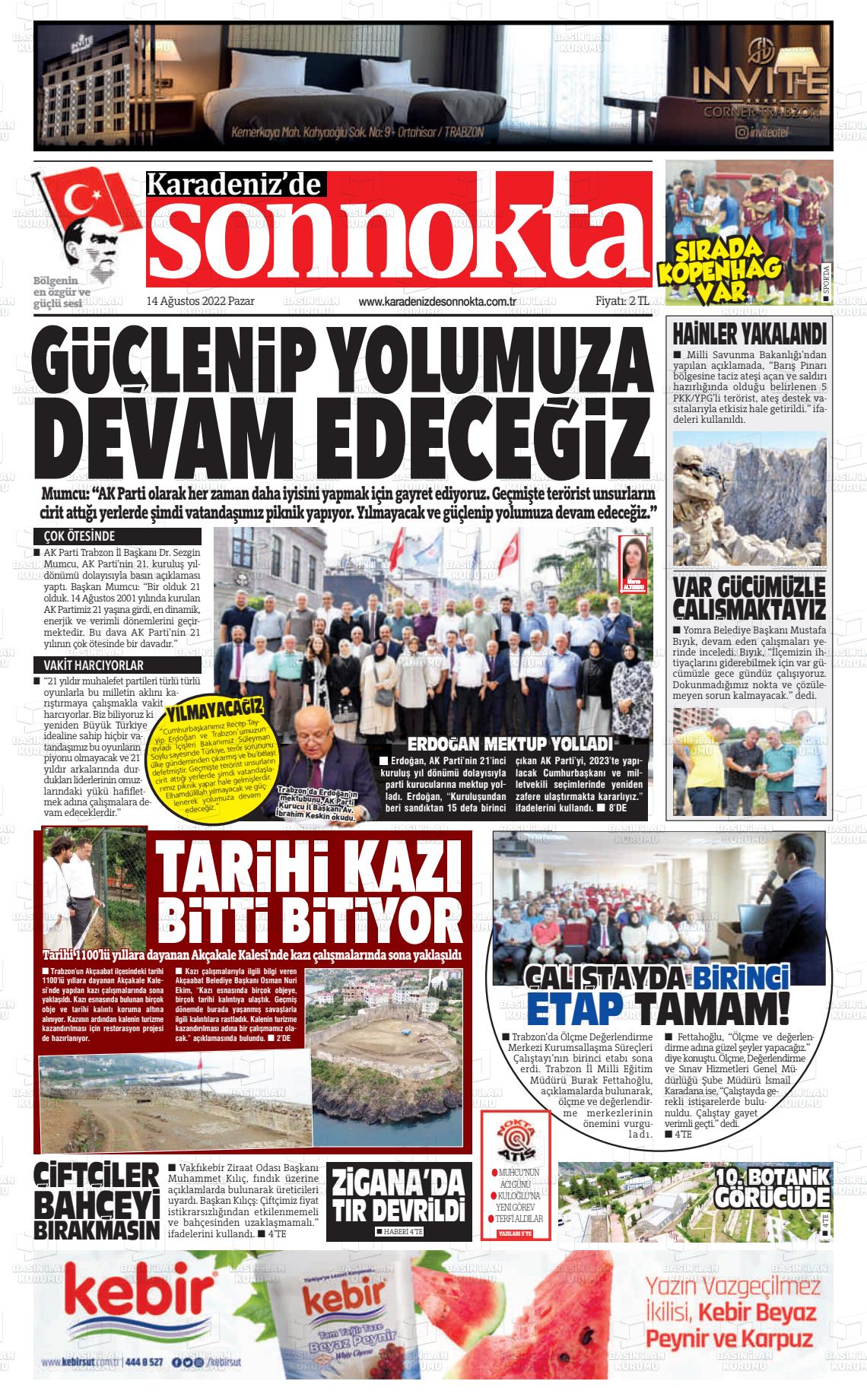 14 Ağustos 2022 Karadeniz'de Sonnokta Gazete Manşeti