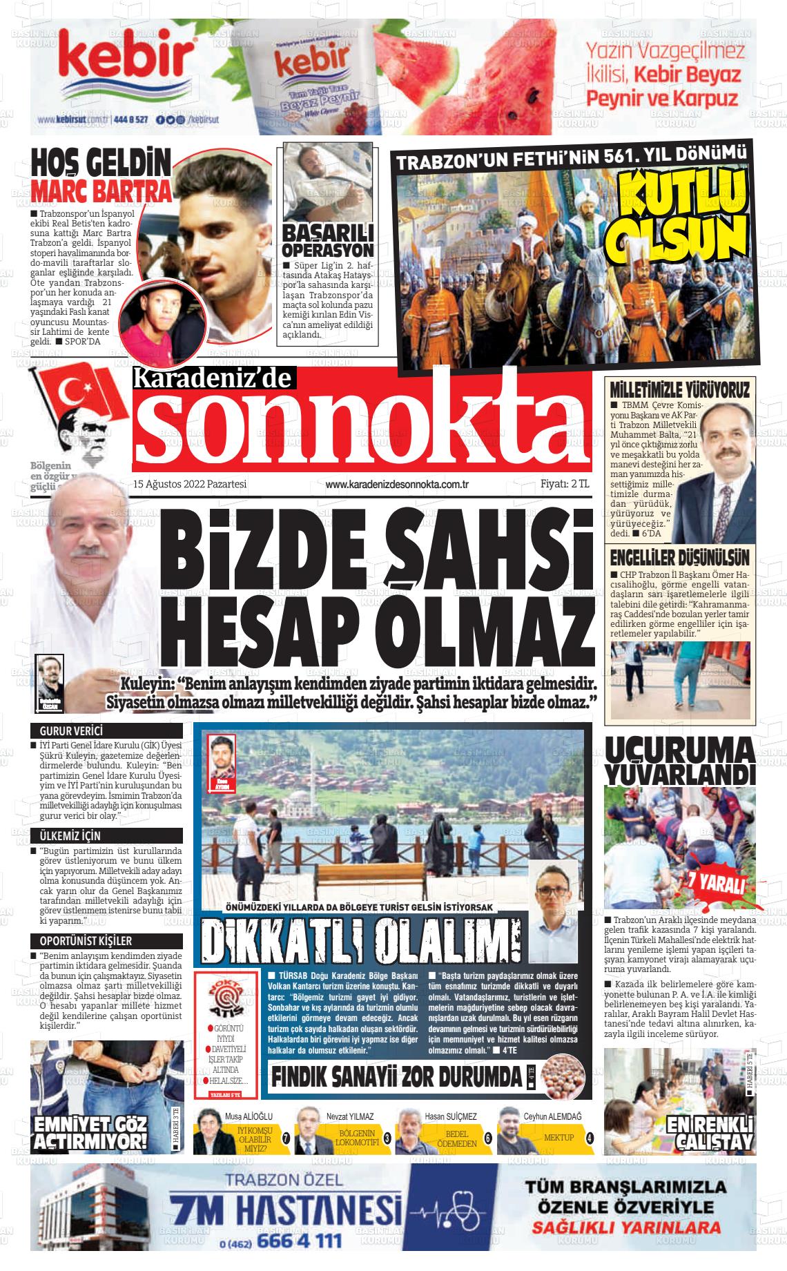 15 Ağustos 2022 Karadeniz'de Sonnokta Gazete Manşeti