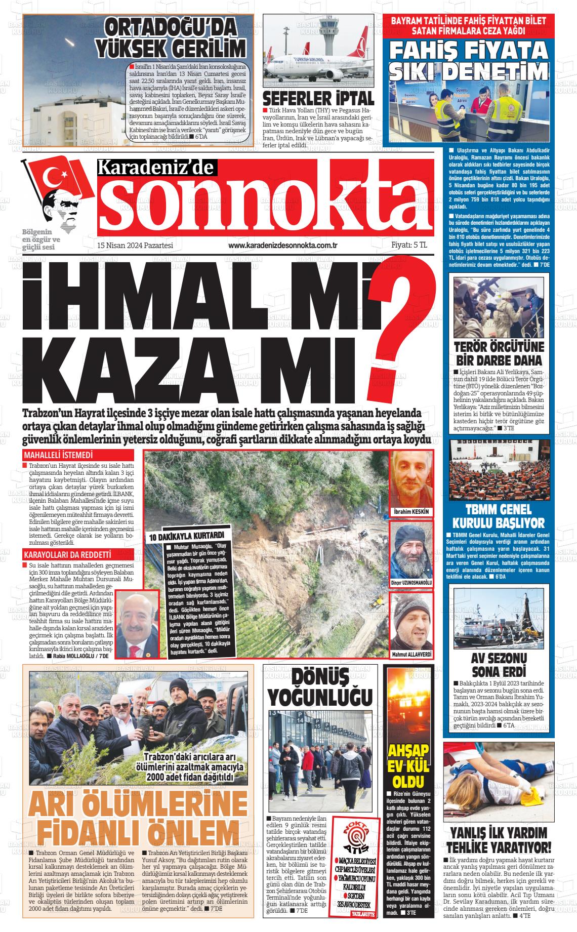 15 Nisan 2024 Karadeniz'de Sonnokta Gazete Manşeti