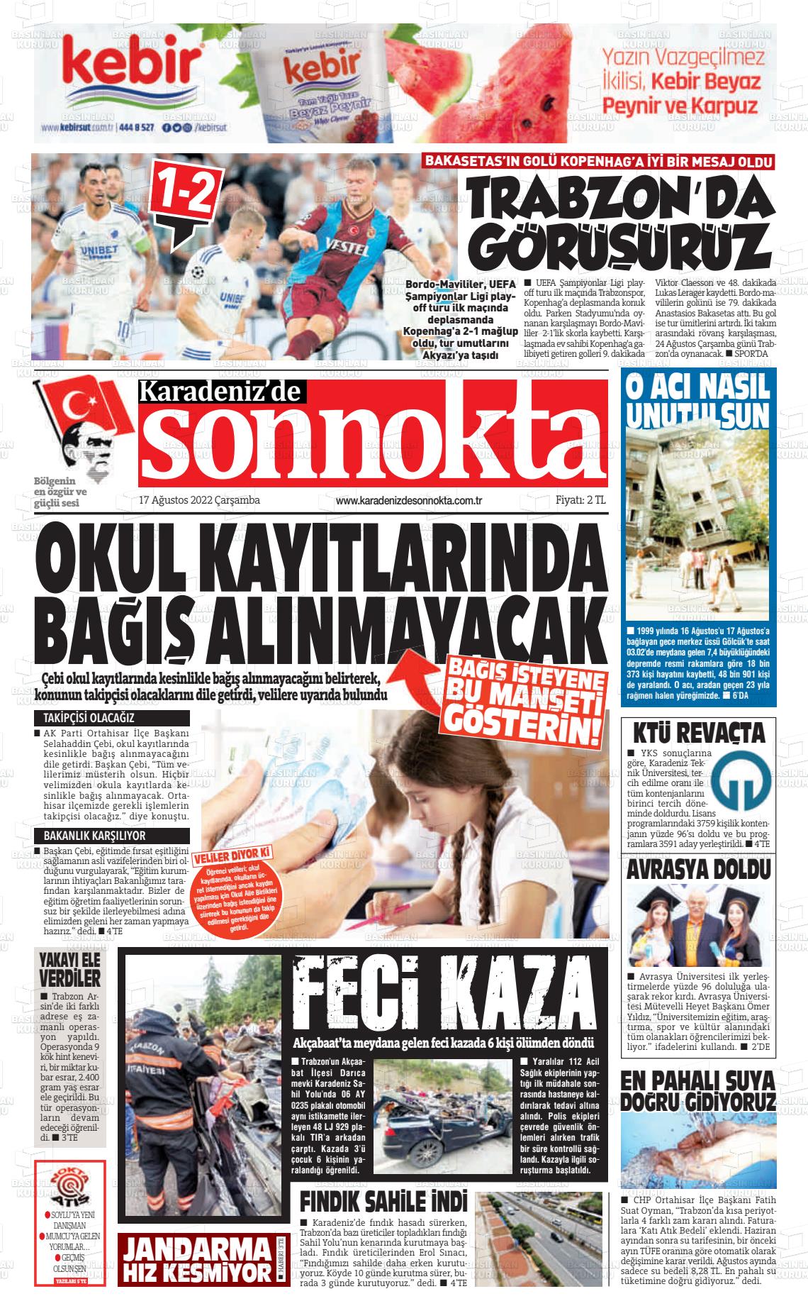 17 Ağustos 2022 Karadeniz'de Sonnokta Gazete Manşeti