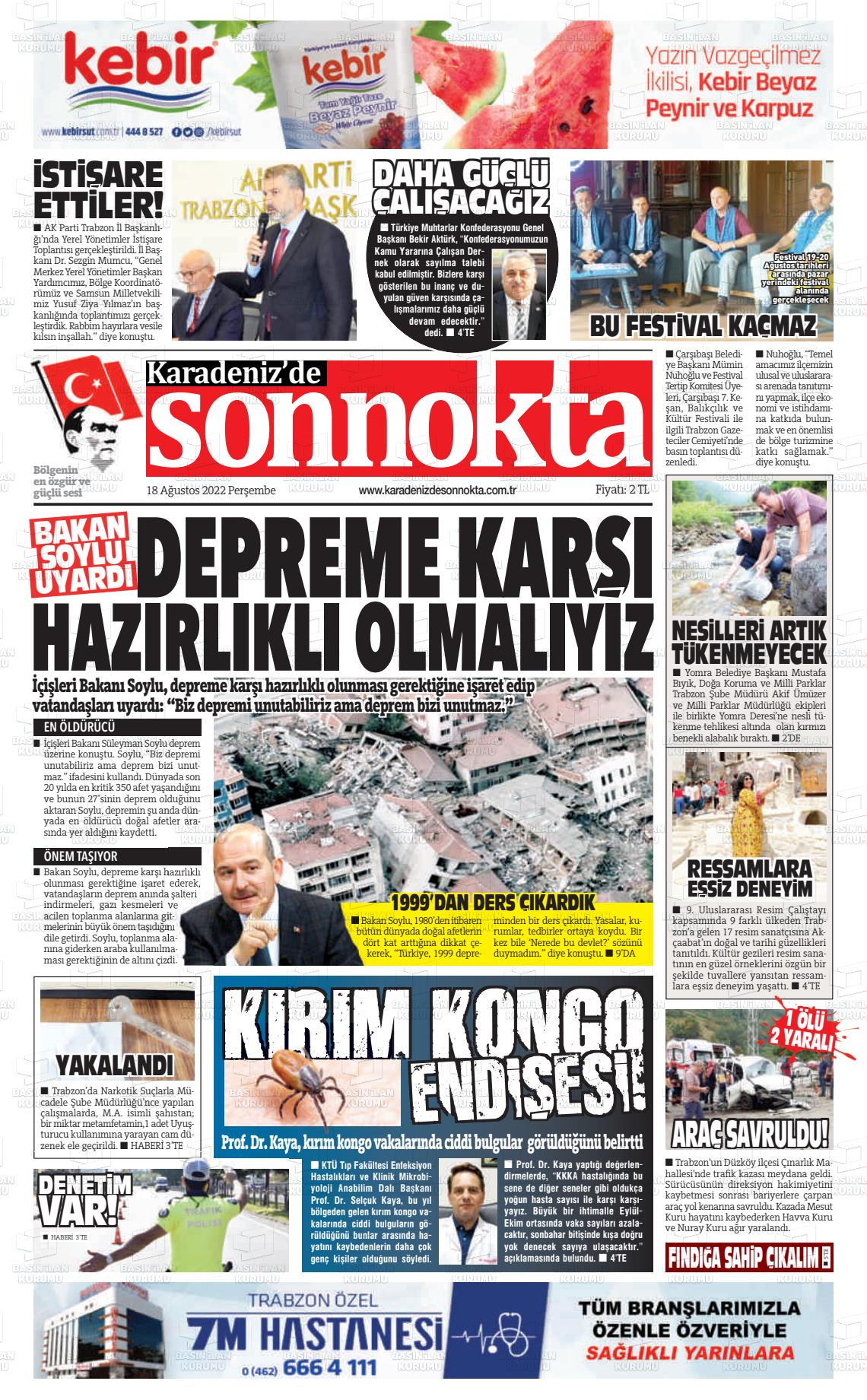18 Ağustos 2022 Karadeniz'de Sonnokta Gazete Manşeti