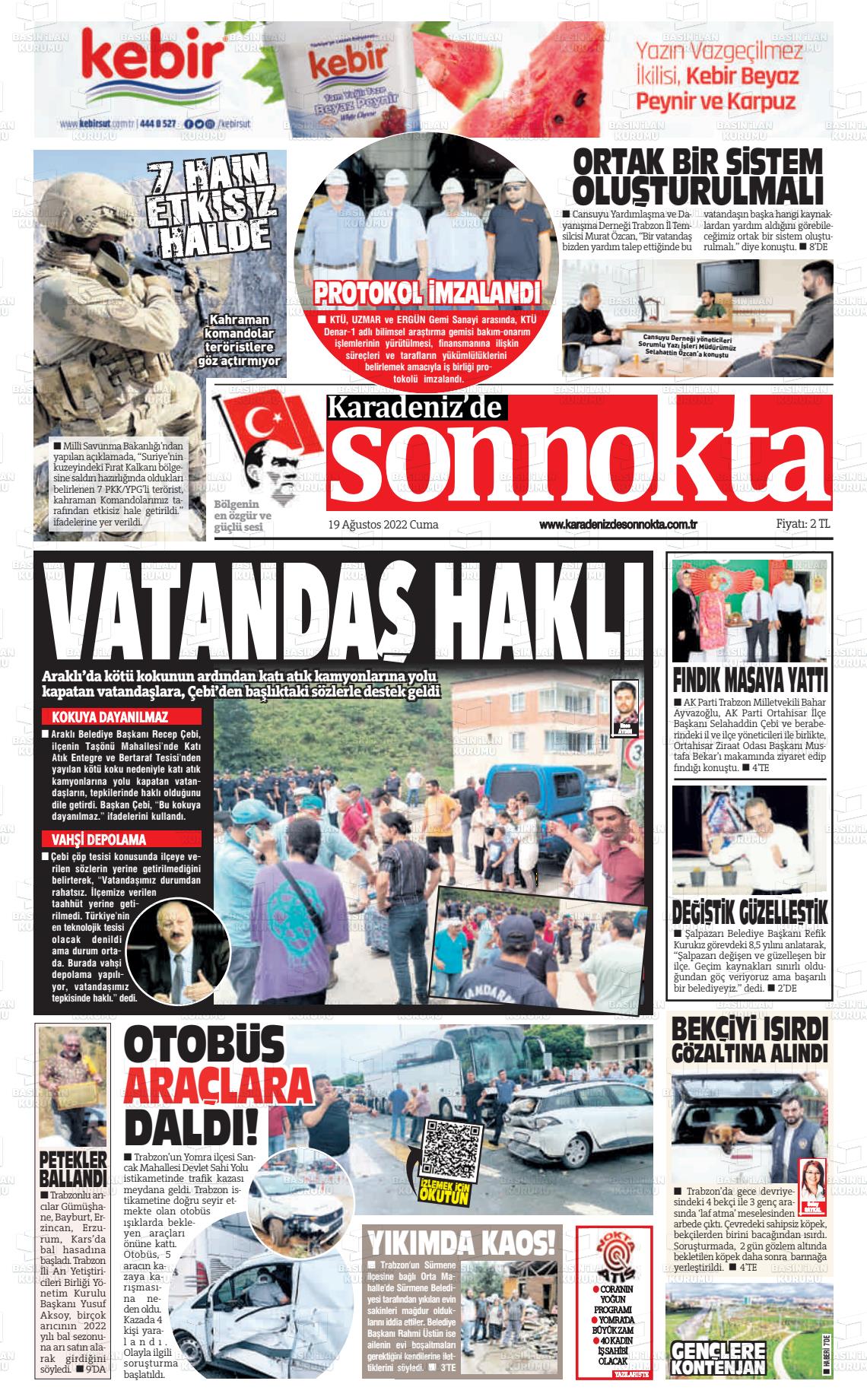 19 Ağustos 2022 Karadeniz'de Sonnokta Gazete Manşeti