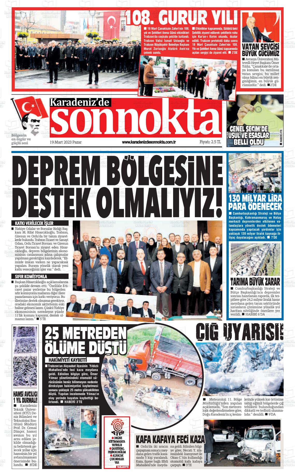 19 Mart 2023 Karadeniz'de Sonnokta Gazete Manşeti