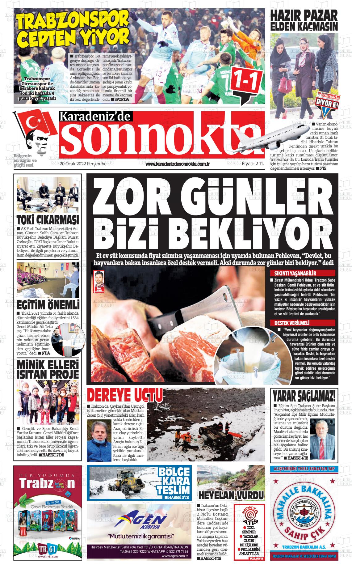 20 Ocak 2022 Karadeniz'de Sonnokta Gazete Manşeti
