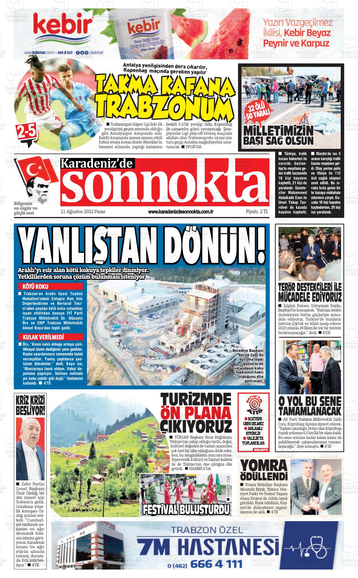 21 Ağustos 2022 Karadeniz'de Sonnokta Gazete Manşeti