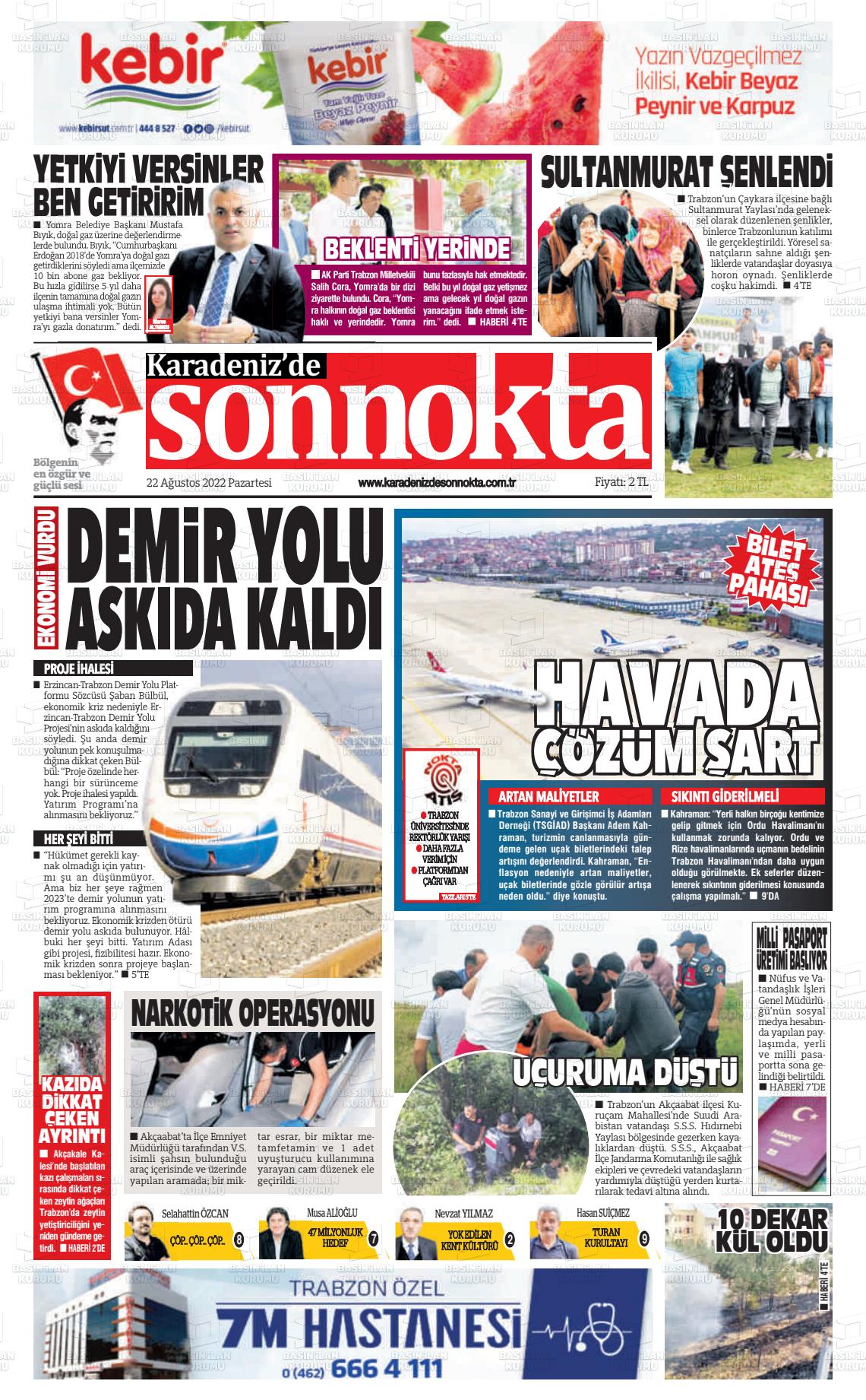 23 Ağustos 2022 Karadeniz'de Sonnokta Gazete Manşeti