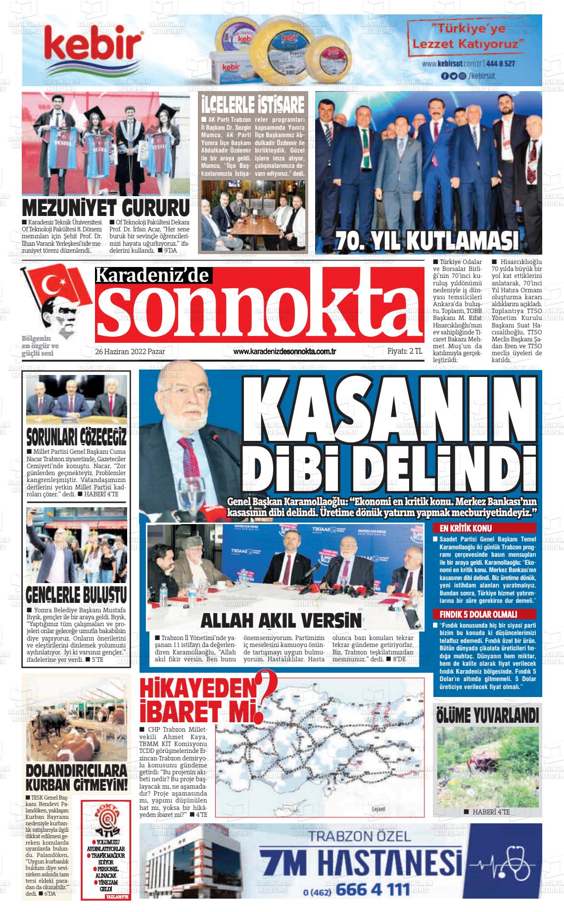 26 Haziran 2022 Karadeniz'de Sonnokta Gazete Manşeti