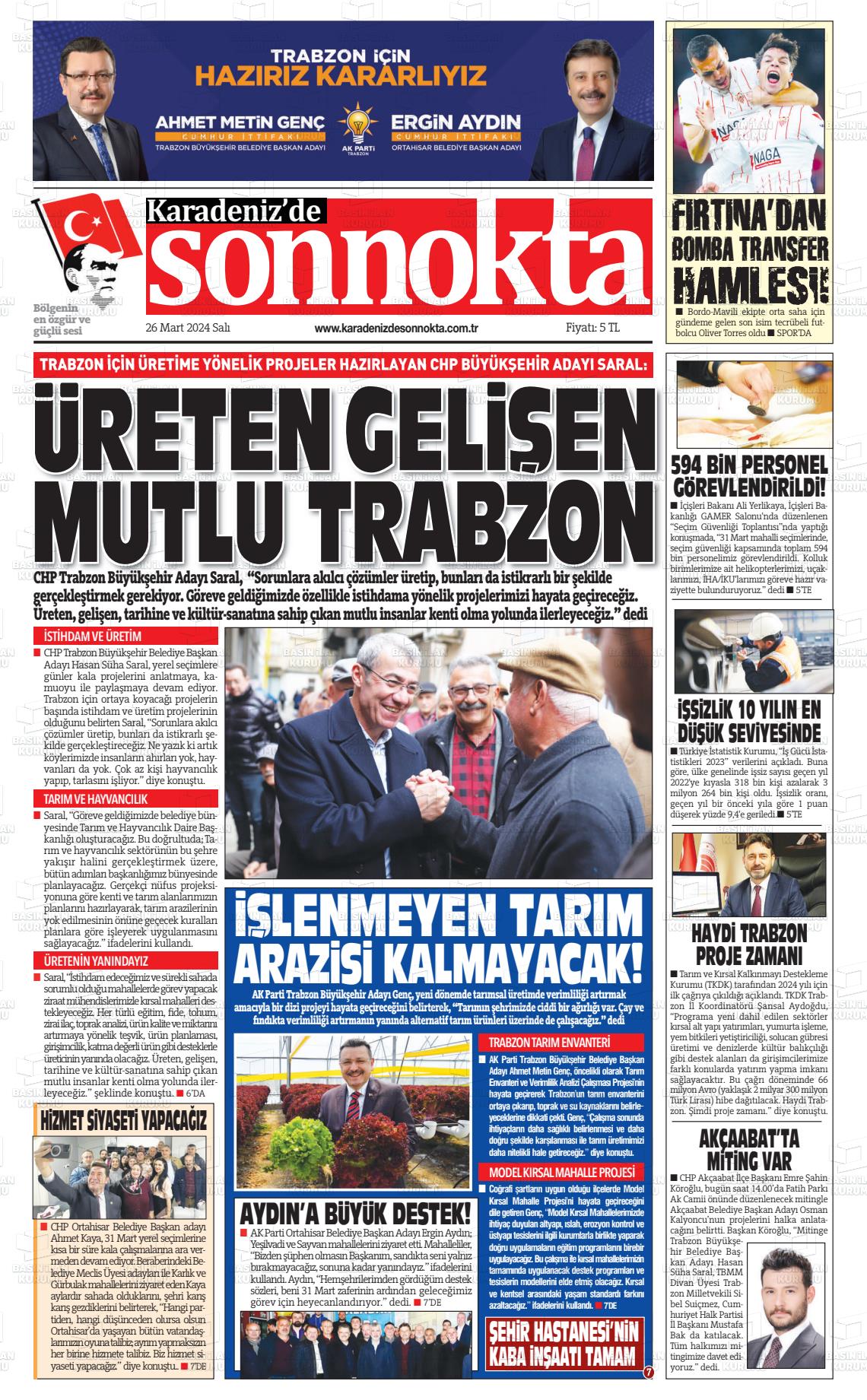 26 Mart 2024 Karadeniz'de Sonnokta Gazete Manşeti