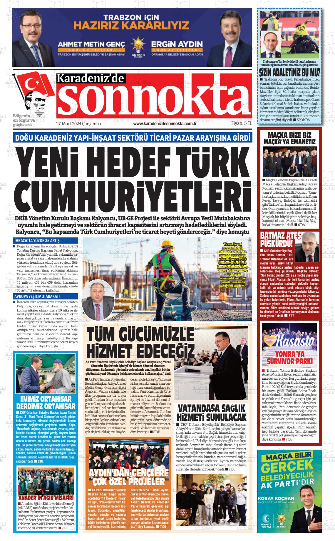 27 Mart 2024 Karadeniz'de Sonnokta Gazete Manşeti