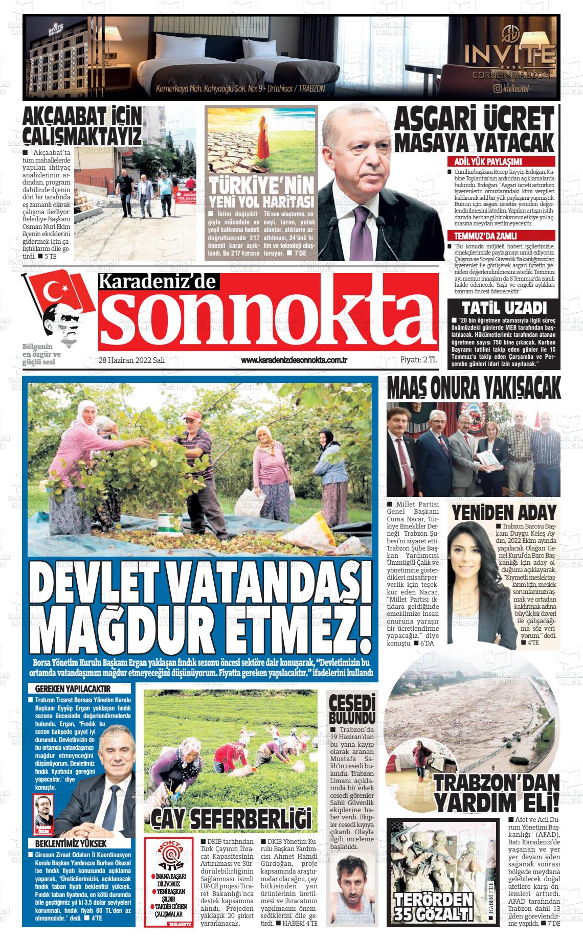 28 Haziran 2022 Karadeniz'de Sonnokta Gazete Manşeti