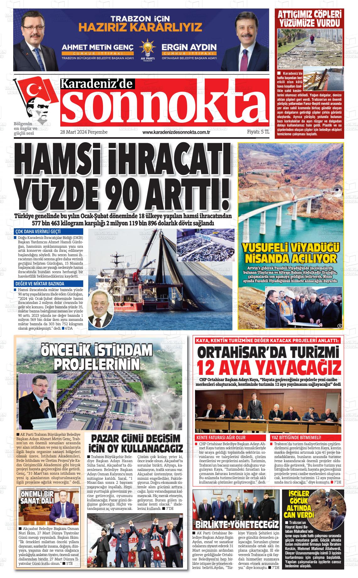 28 Mart 2024 Karadeniz'de Sonnokta Gazete Manşeti