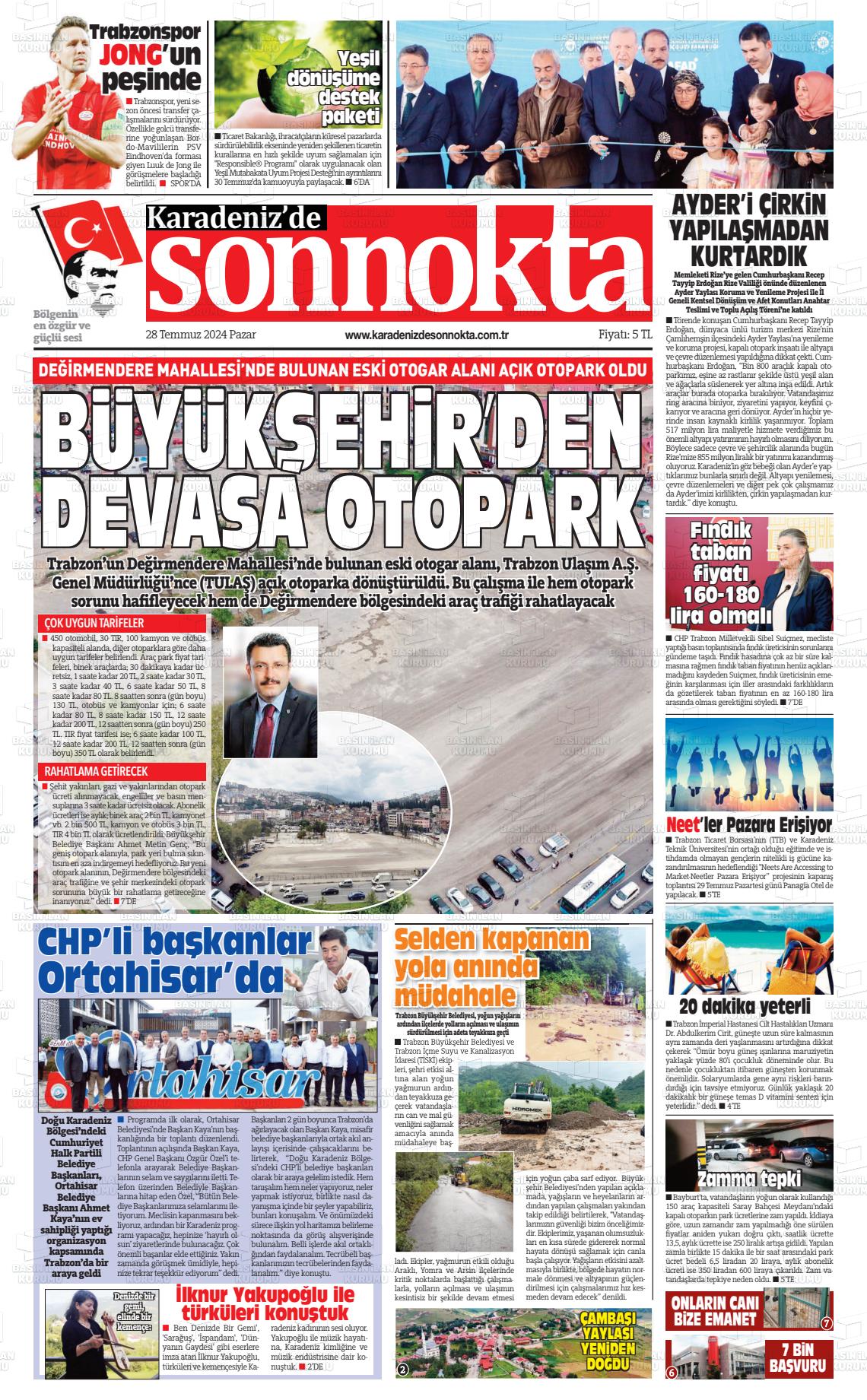 28 Temmuz 2024 Karadeniz'de Sonnokta Gazete Manşeti