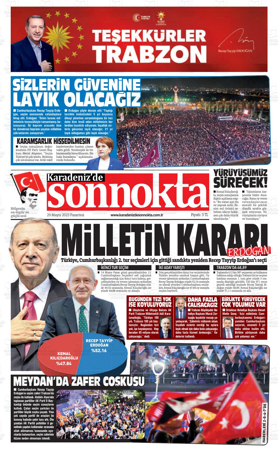 29 Mayıs 2023 Karadeniz'de Sonnokta Gazete Manşeti